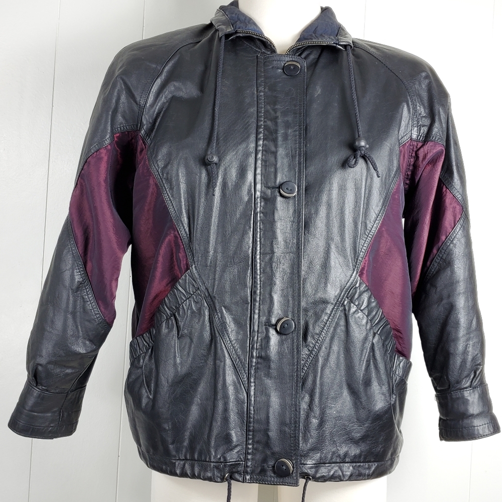 Vintage Pelle New York Milano Leather coat size medium black w purple accents